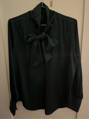 Ann Taylor Dark Green Neck Tie Long Sleeve Blouse Size Small